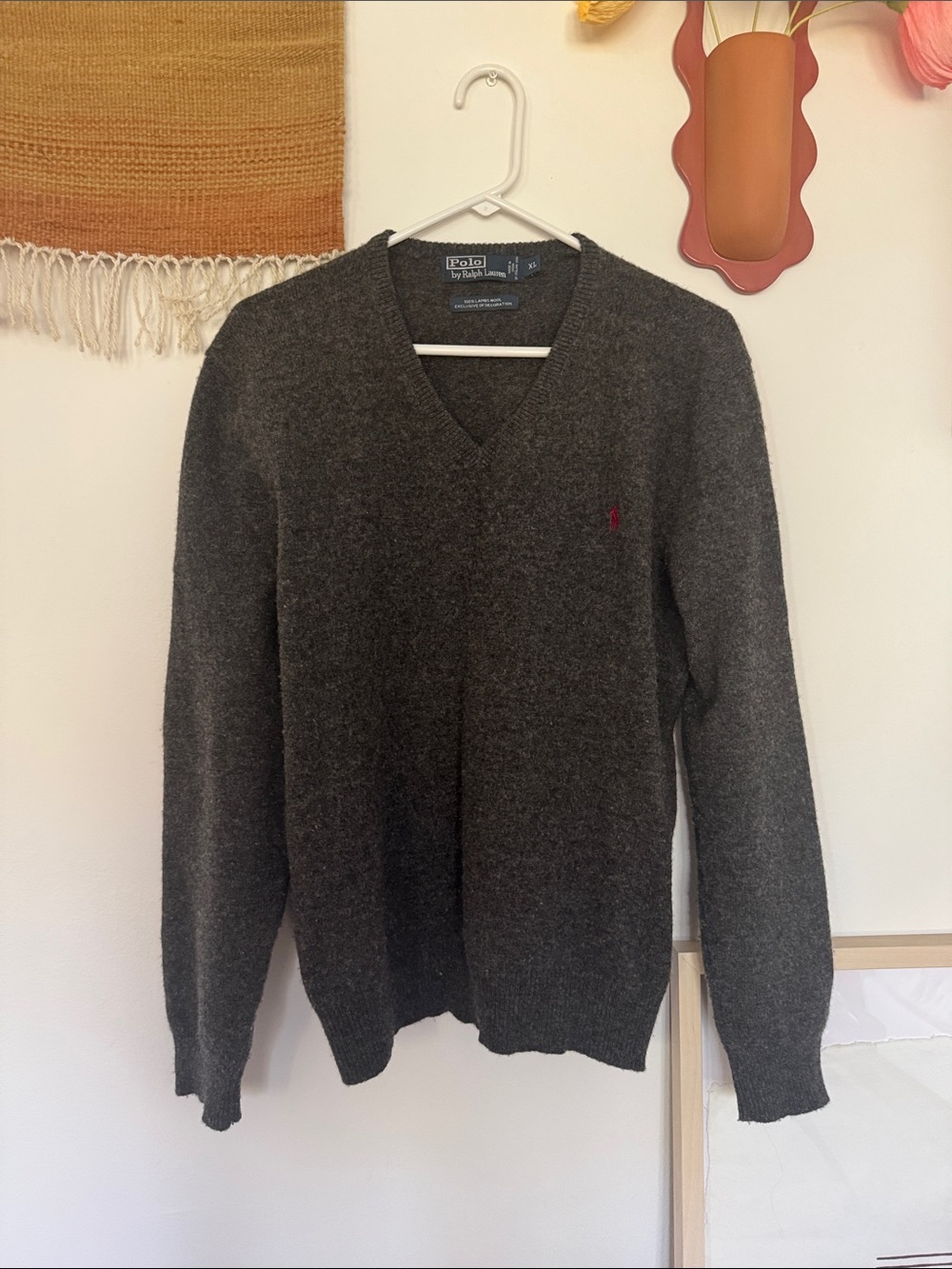 Polo by Ralph Lauren Charcoal V-Neck Sweater with Red Pony